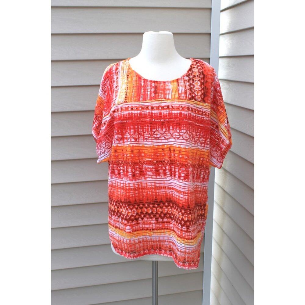 Notations Women's Vintage Short Sleeve Blouse Vibrant Boho Print Size L